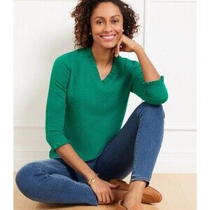 Talbots Women's Teal/Green Waffle-Knit Ruffle V-Neck 3/4 Sleeve Sweater Sz LP